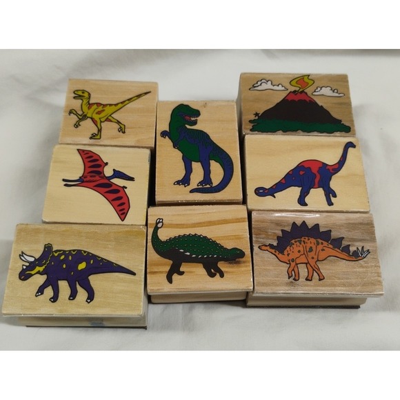 Other - Vintage Crafting Wooden Rubber Stamps Dinosaurs Volcano 8pc Set